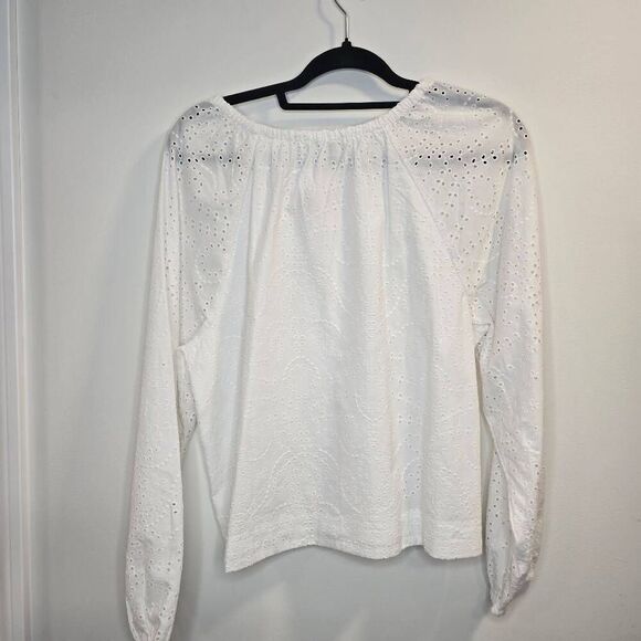 Ann Taylor Eyelet Top Women's Large White Long Raglan Sleeve Popover Blouse - Picture 11 of 11